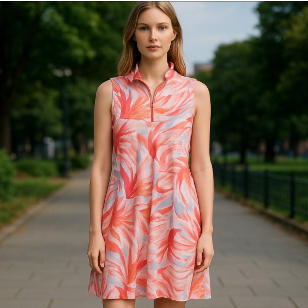 Tribal Sports Sleeveless Coral Patterned Dress Med P2p19 L 36